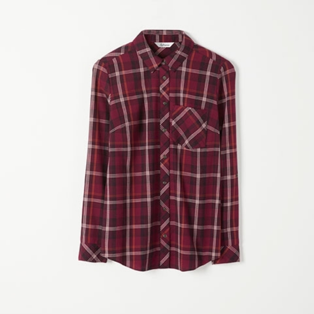 Reitmans Maroon and Black Plaid Fall Button-Down Shirt, Size Large
